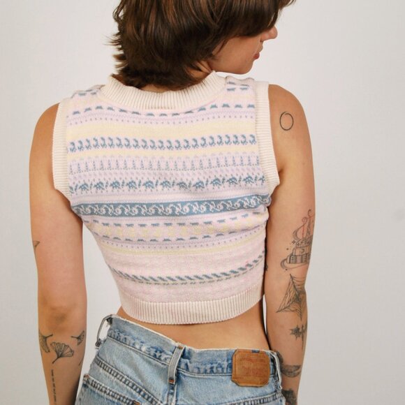 90s Cropped Sweater Vest (S) small vintage white pastel crop top preppy pastel - Picture 7 of 9